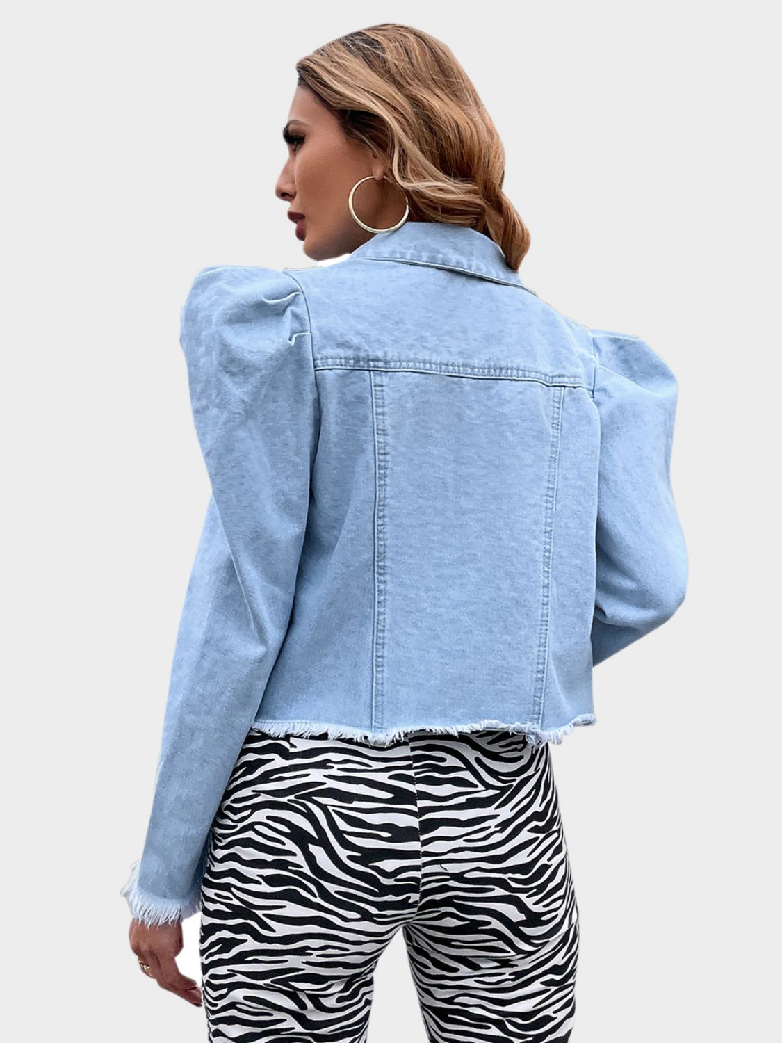 Koisoon Collared Neck Puff Sleeve Denim Top