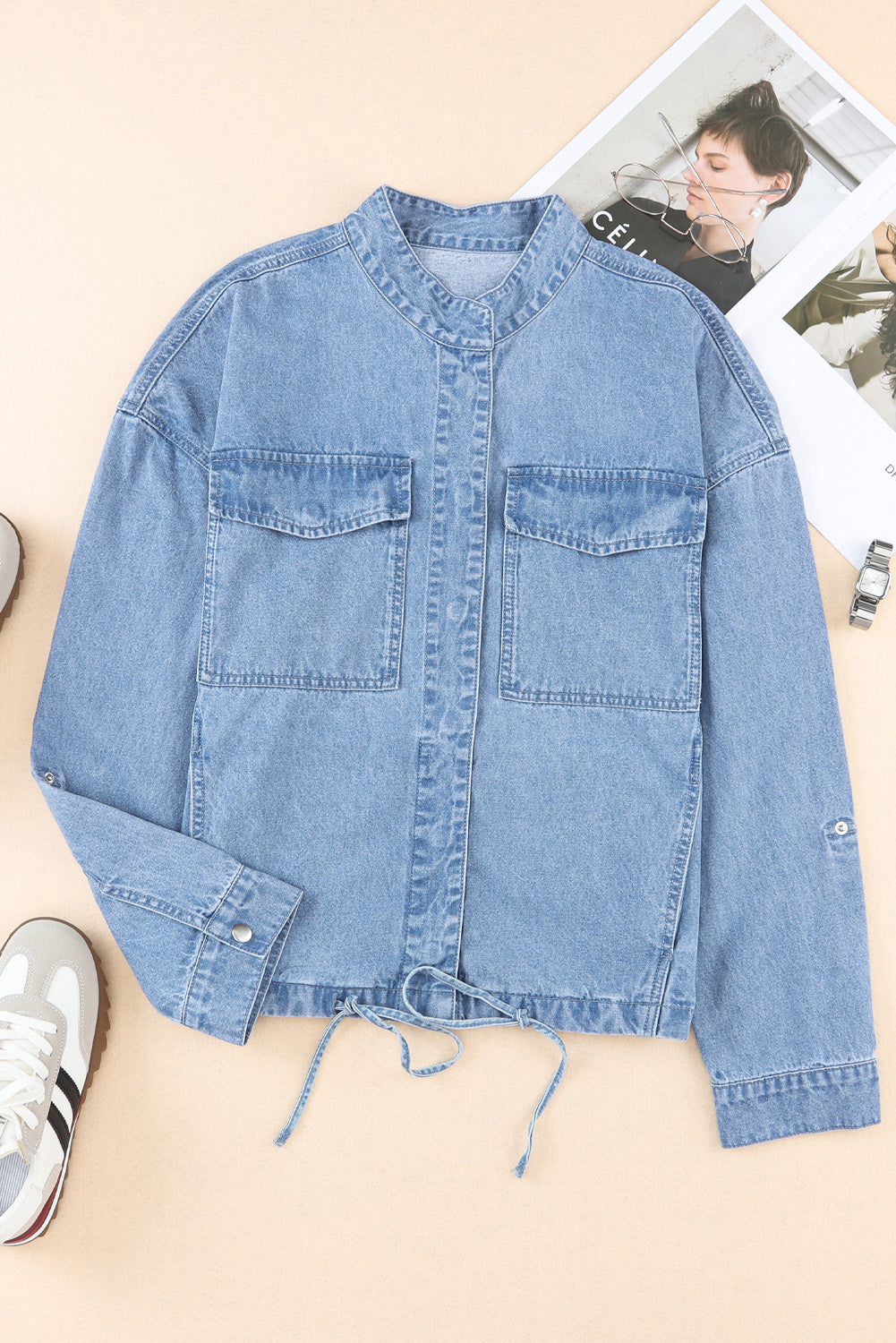 Koisoon Drawstring Snap Down Denim Jacket with Chest Pockets