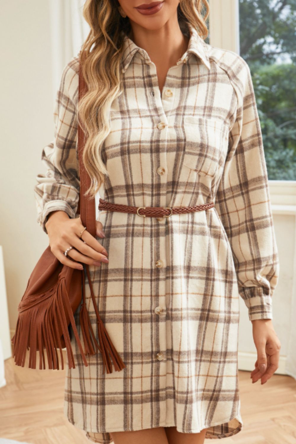 Koisoon Plaid Collared Neck Long Sleeve Mini Shirt Dress