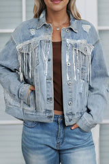 Koisoon Sequin Fringe Trim Distressed Button Up Denim Jacket