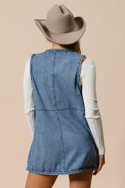 Koisoon Braided Trim Open Front Denim Vest with Pockets