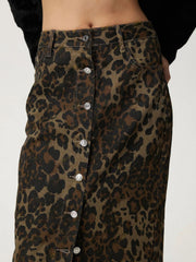 Koisoon Leopard Button Up Denim Skirt