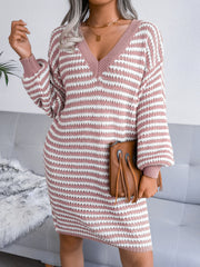 Koisoon Striped V-Neck Long Sleeve Mini Sweater Dress