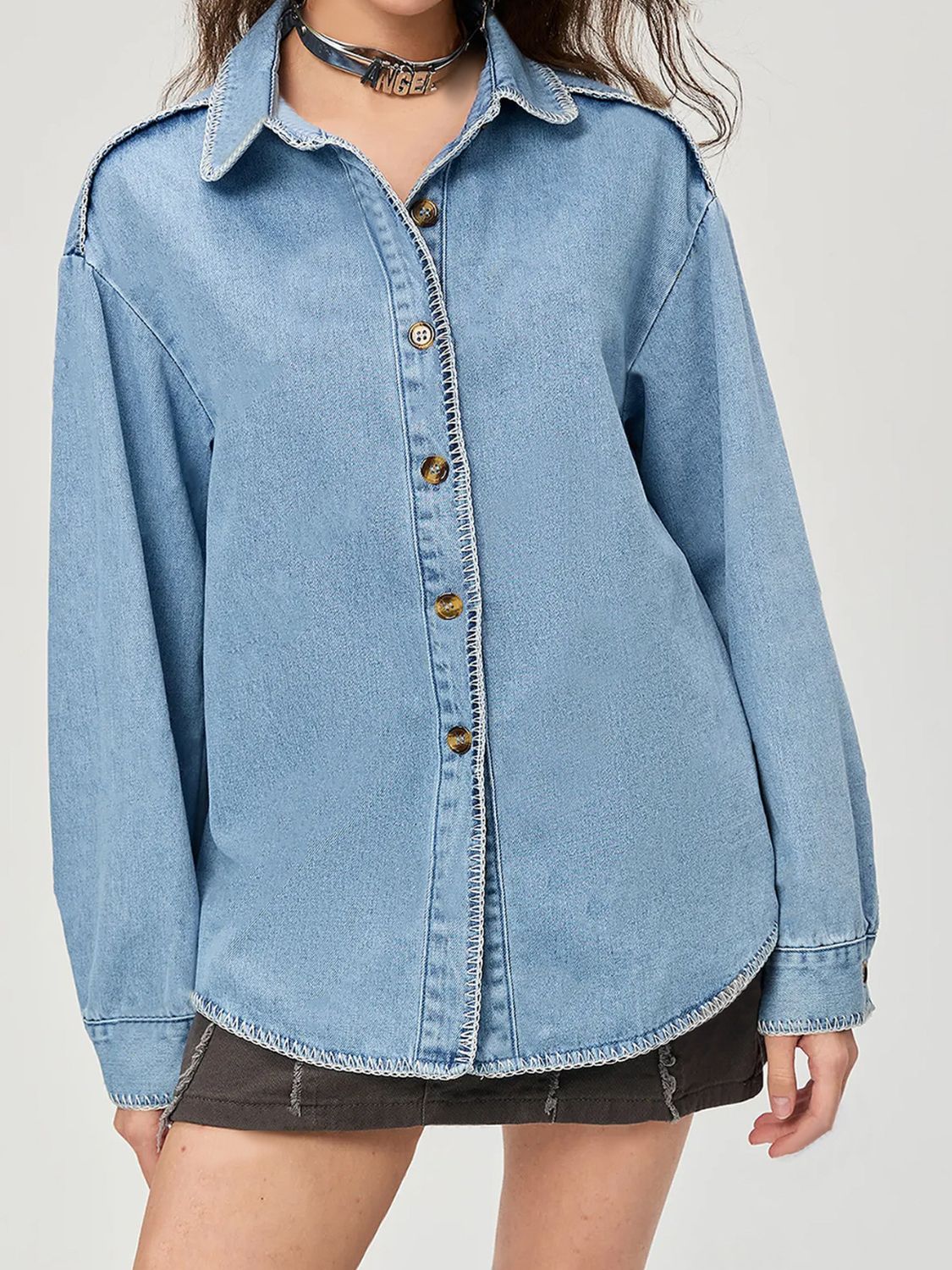 Koisoon Button Up Collared Neck Denim Top