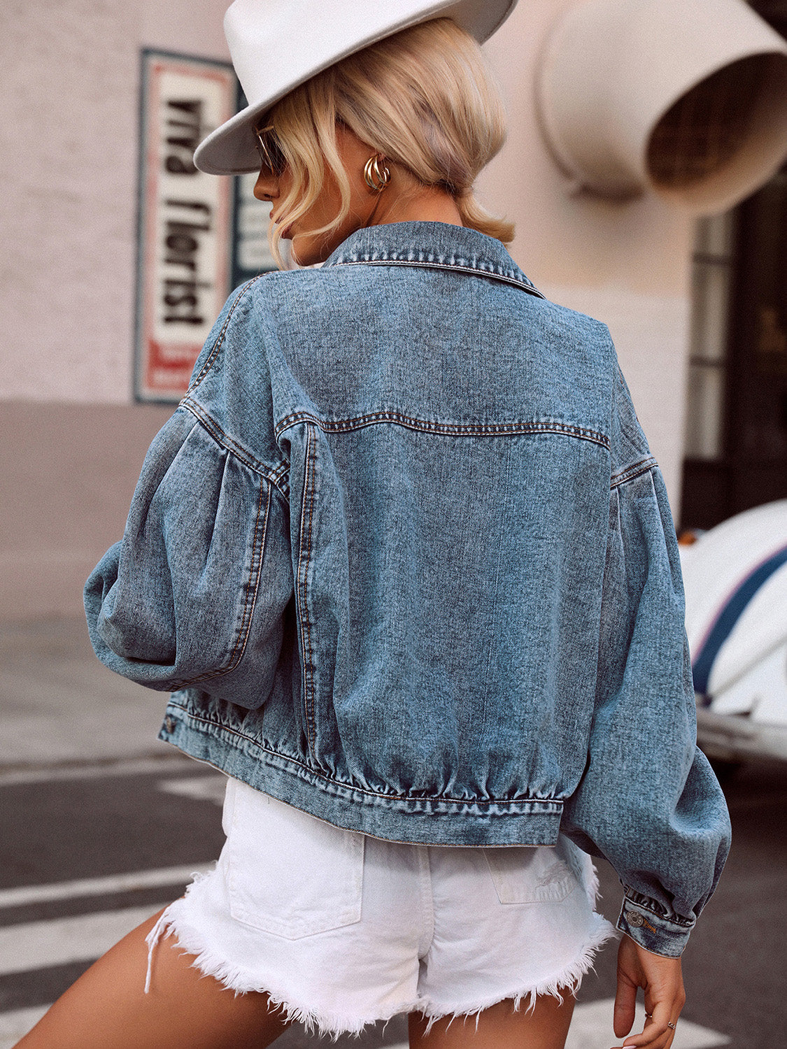 Koisoon Collared Neck Dropped Shoulder Denim Top