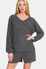 Koisoon V-Neck Long Sleeve Ribbed Top and Shorts Set