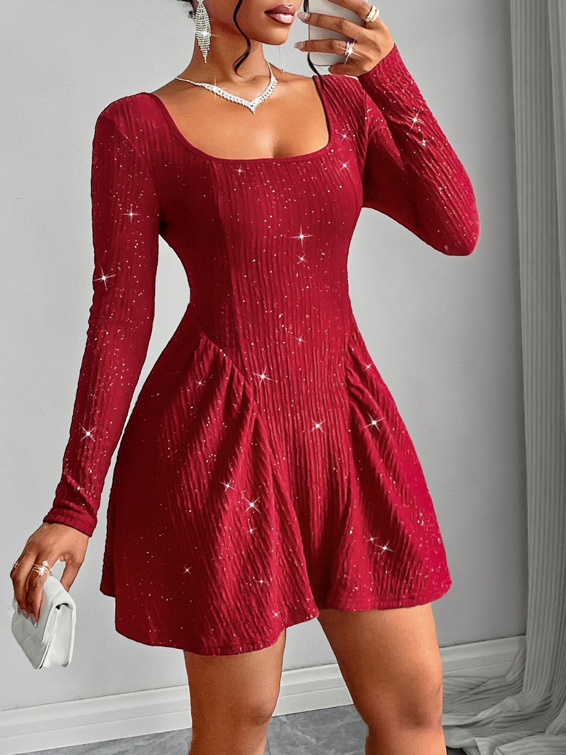 Koisoon Backless Glitter Square Neck Long Sleeve Mini Dress