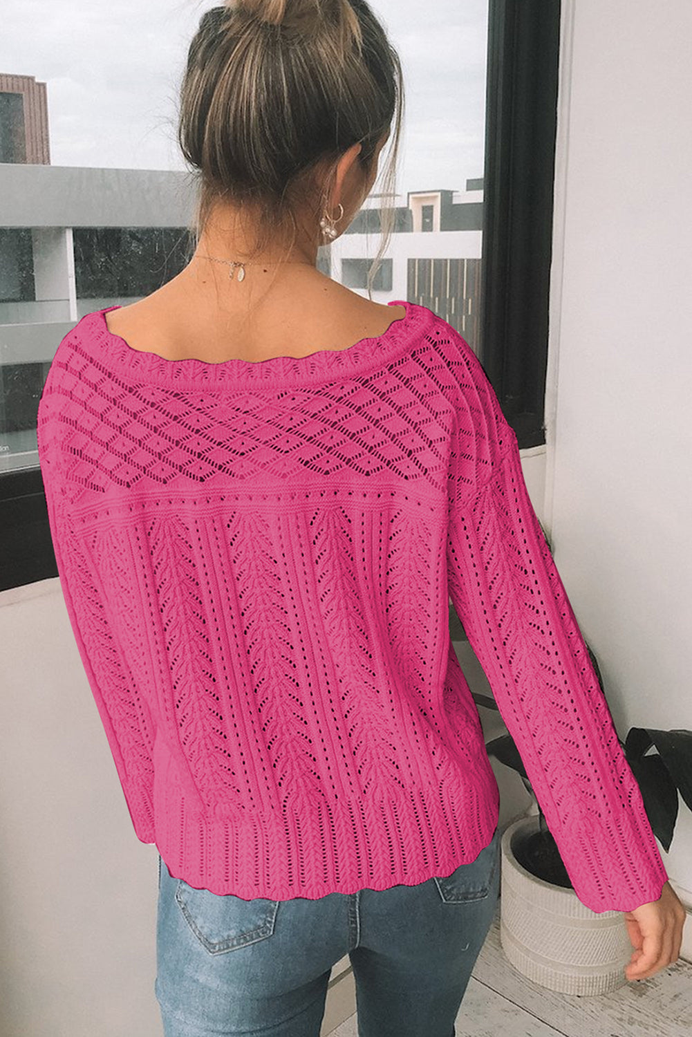 Koisoon Openwork Round Neck Long Sleeve Knit Top