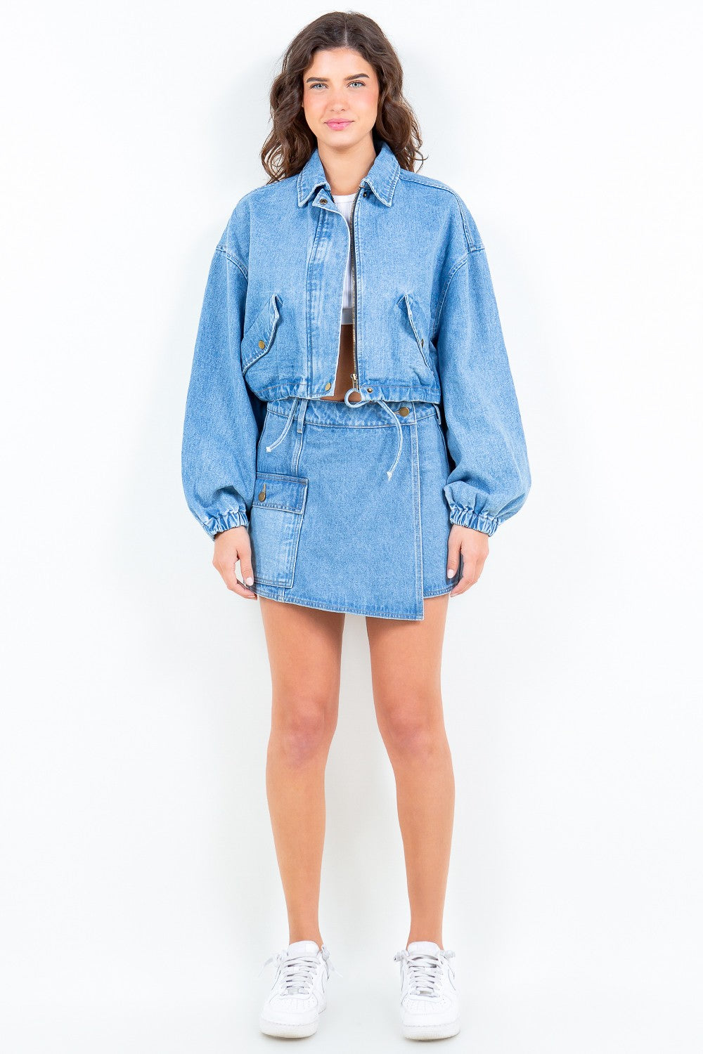 Koisoon American Bazi Drawstring Waist Crop Denim Jacket