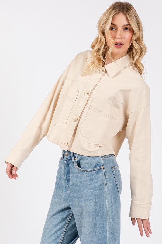 Koisoon Button Down Cropped Denim Jacket with Patch Pockets