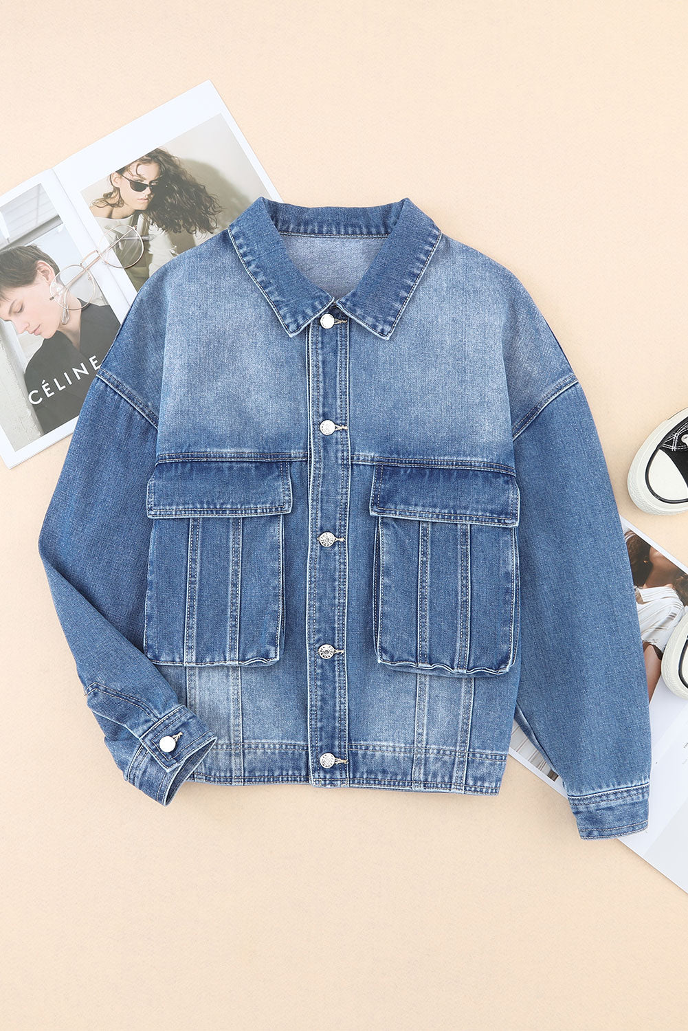 Koisoon Collared Neck Button Up Denim Jacket