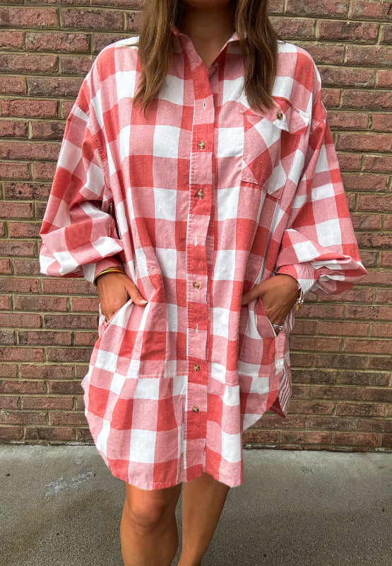 Koisoon Plaid Collared Neck Long Sleeve Shirt Dress