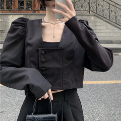 Koisoon Elegant Women Shirts Autumn Fashion Square Collar Korean Puff Sleeve High Waist Crop Tops Single Breasted Female Shirt