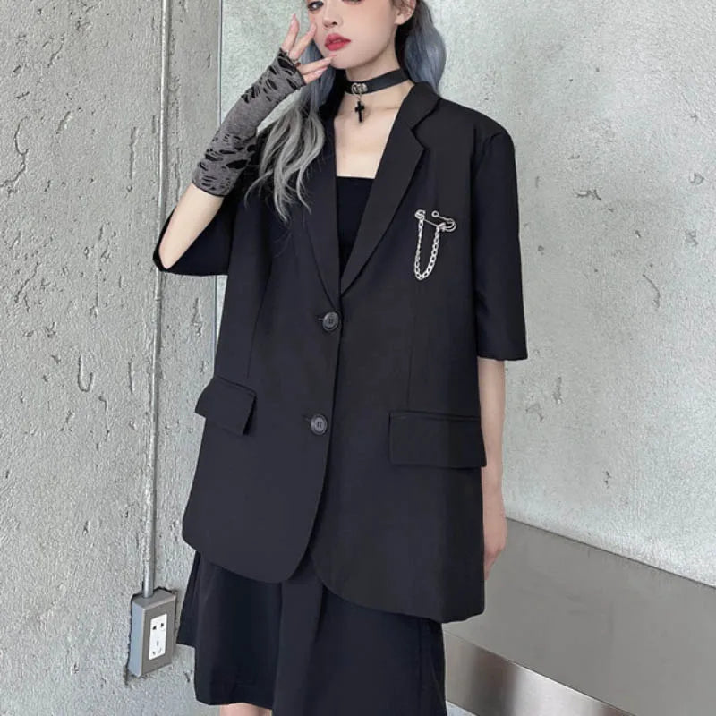 Koisoon Black Gothic Women Thin Blazers Summer Short Sleeve Fashion Button Up Long Jacket High Street Korean Female Coats  New