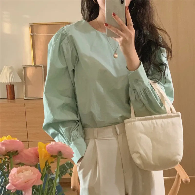 Koisoon Minimalist Brief Puff Sleeves Office Lady Vintage Tops New Solid Retro Chic Loose All Match Streetwear Blouses