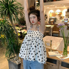 Koisoon Polka Dot Tanks Camis Women Summer Casual Folds Backless Design Korean Chic Tops Female French Chiffon Short Party Clothing