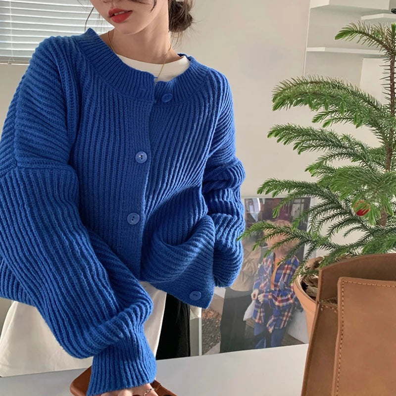 Koisoon Loose Women Cardigan Sweater Designed Casual O Neck Blue Jumper Winter Thick Loose Female Knitted Coats Oversize Tops