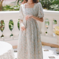 Koisoon French Puff Sleeve Fairy Dress Women Vintage Sweet Party Floral Long Dress Female Summer Chiffon Korean Bandage Dresses New