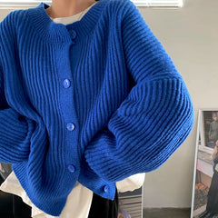 Koisoon Loose Women Cardigan Sweater Designed Casual O Neck Blue Jumper Winter Thick Loose Female Knitted Coats Oversize Tops