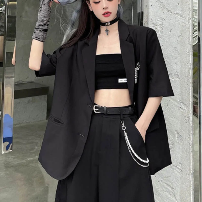 Koisoon Black Gothic Women Thin Blazers Summer Short Sleeve Fashion Button Up Long Jacket High Street Korean Female Coats  New