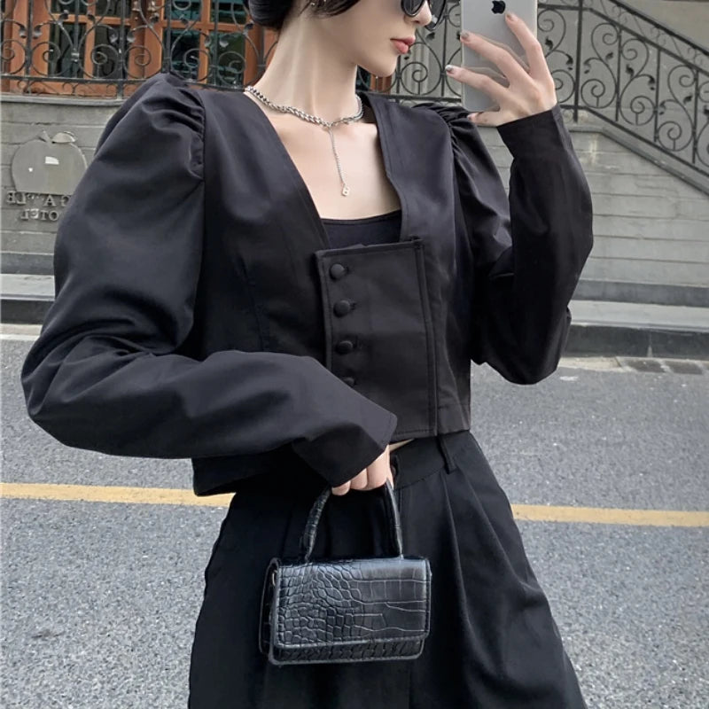 Koisoon Elegant Women Shirts Autumn Fashion Square Collar Korean Puff Sleeve High Waist Crop Tops Single Breasted Female Shirt