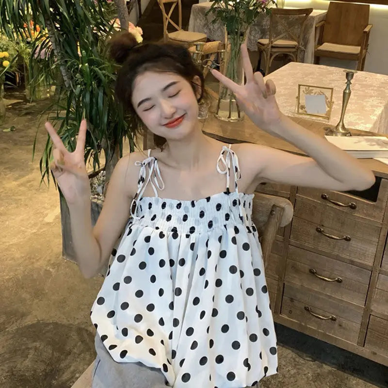 Koisoon Polka Dot Tanks Camis Women Summer Casual Folds Backless Design Korean Chic Tops Female French Chiffon Short Party Clothing