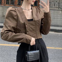 Koisoon Elegant Women Shirts Autumn Fashion Square Collar Korean Puff Sleeve High Waist Crop Tops Single Breasted Female Shirt