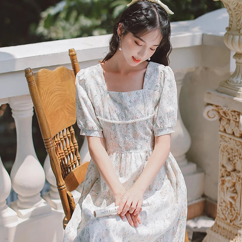 Koisoon French Puff Sleeve Fairy Dress Women Vintage Sweet Party Floral Long Dress Female Summer Chiffon Korean Bandage Dresses New