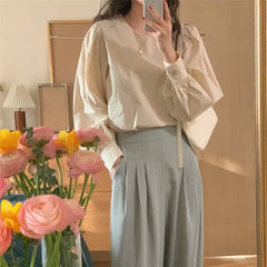 Koisoon Minimalist Brief Puff Sleeves Office Lady Vintage Tops New Solid Retro Chic Loose All Match Streetwear Blouses