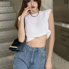 Koisoon Loose Women Vest Tanks Summer Sleeveless Solid White Knit Korean Pullover O Neck Crop Tops Casual Hollow Out Thin Tops