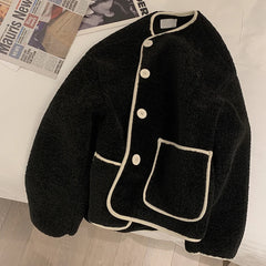 Koisoon Winter Hairy Wool Jacket Women Warm Elegant Single Breasted O Neck Loose Casual Coats Black Fashion Korean Chic Faux Fur