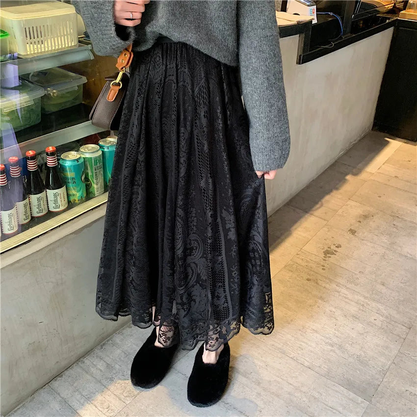 Koisoon Elastic High Waist Lace Skirts Womens Spring Autumn New Korean Elegant Casual A-line Black Long Skirt Female