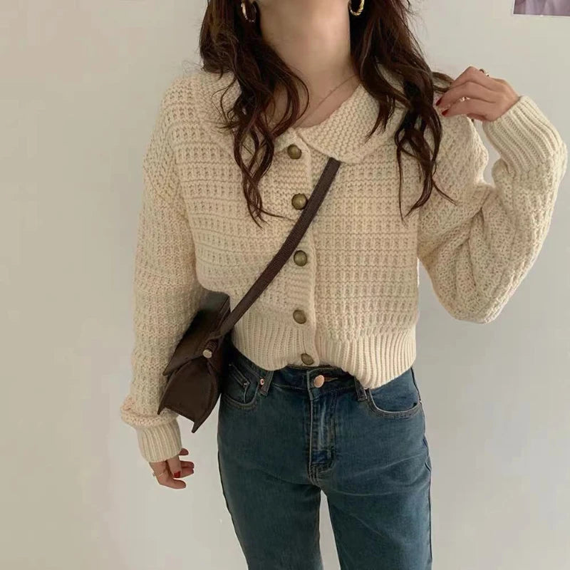 Koisoon Cute Peter Pan Collar Women Cardigan Sweater Loose Knitted Long Sleeve Korean Chic Jumper Coat Loose Button Up Jackets