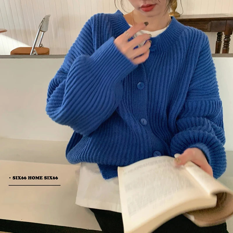 Koisoon Loose Women Cardigan Sweater Designed Casual O Neck Blue Jumper Winter Thick Loose Female Knitted Coats Oversize Tops