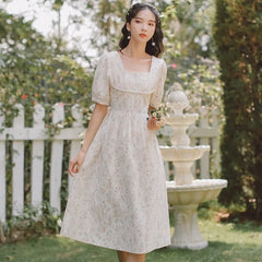 Koisoon French Puff Sleeve Fairy Dress Women Vintage Sweet Party Floral Long Dress Female Summer Chiffon Korean Bandage Dresses New