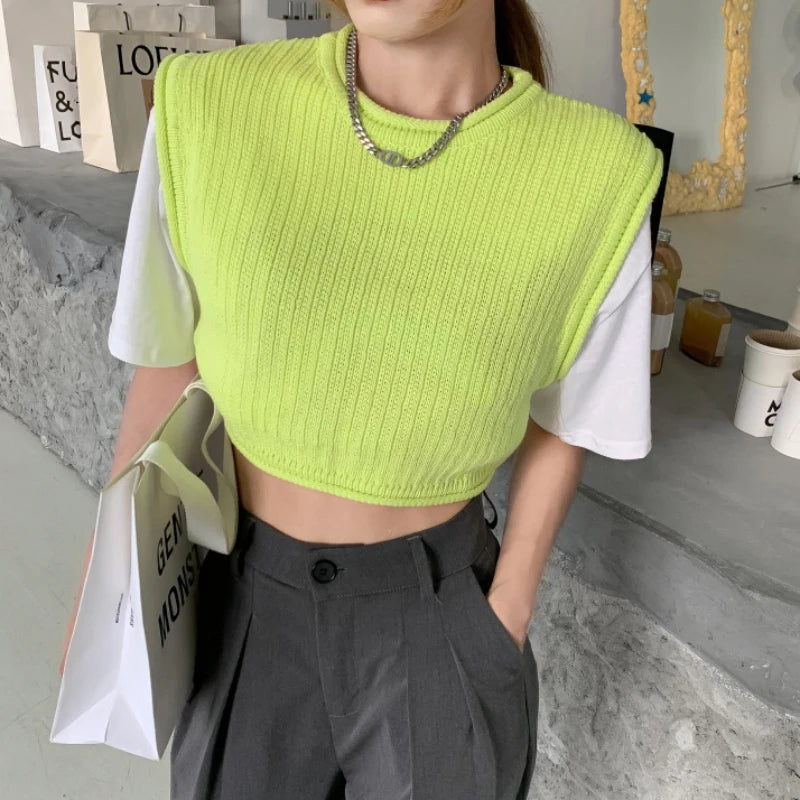 Koisoon Loose Women Vest Tanks Summer Sleeveless Solid White Knit Korean Pullover O Neck Crop Tops Casual Hollow Out Thin Tops