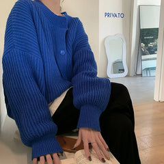 Koisoon Loose Women Cardigan Sweater Designed Casual O Neck Blue Jumper Winter Thick Loose Female Knitted Coats Oversize Tops