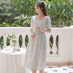 Koisoon French Puff Sleeve Fairy Dress Women Vintage Sweet Party Floral Long Dress Female Summer Chiffon Korean Bandage Dresses New