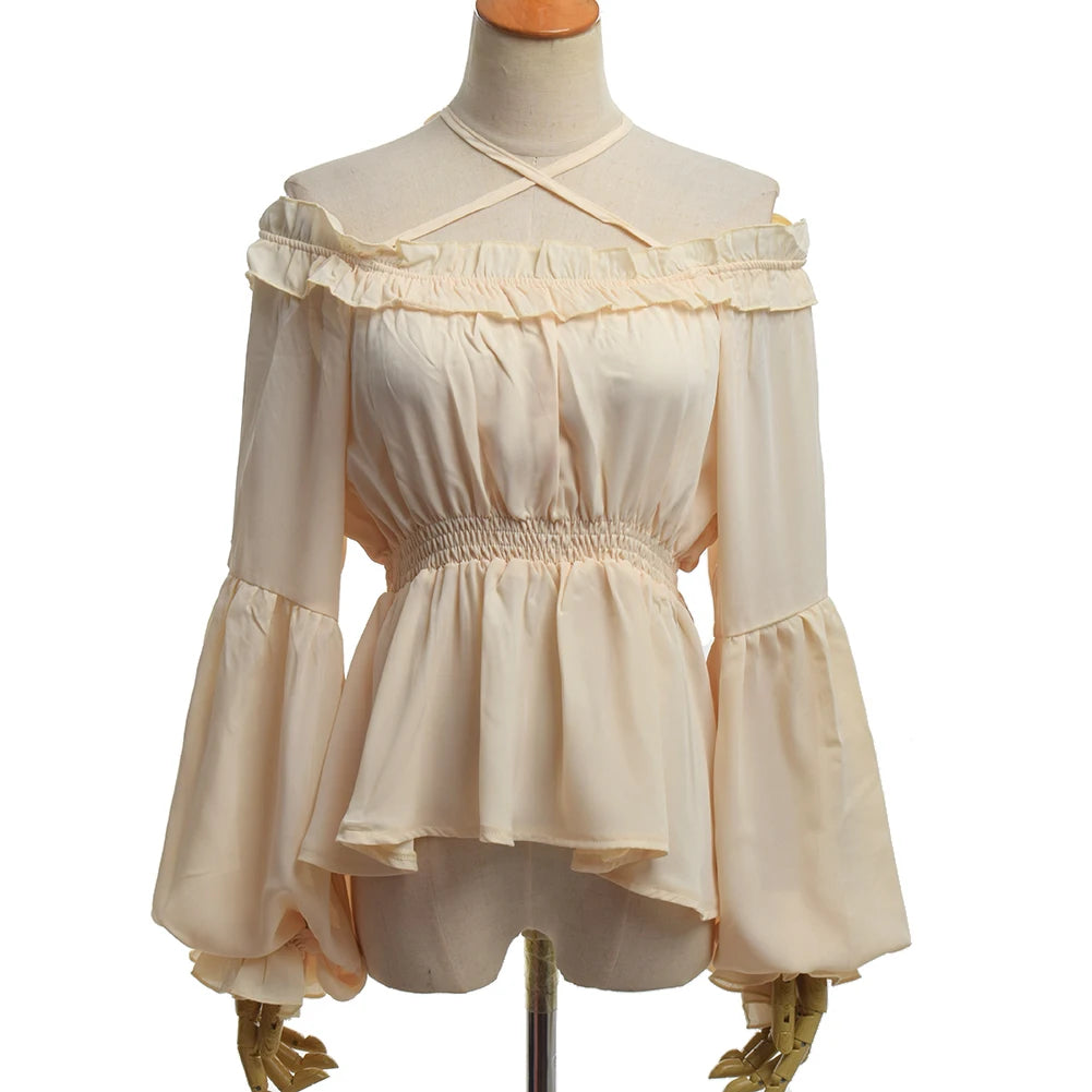 Koisoon Sex Women Lolita Blouse High Waist Long Sleeve Halter Neck Shoulder Off Flounce Chiffon Shirt