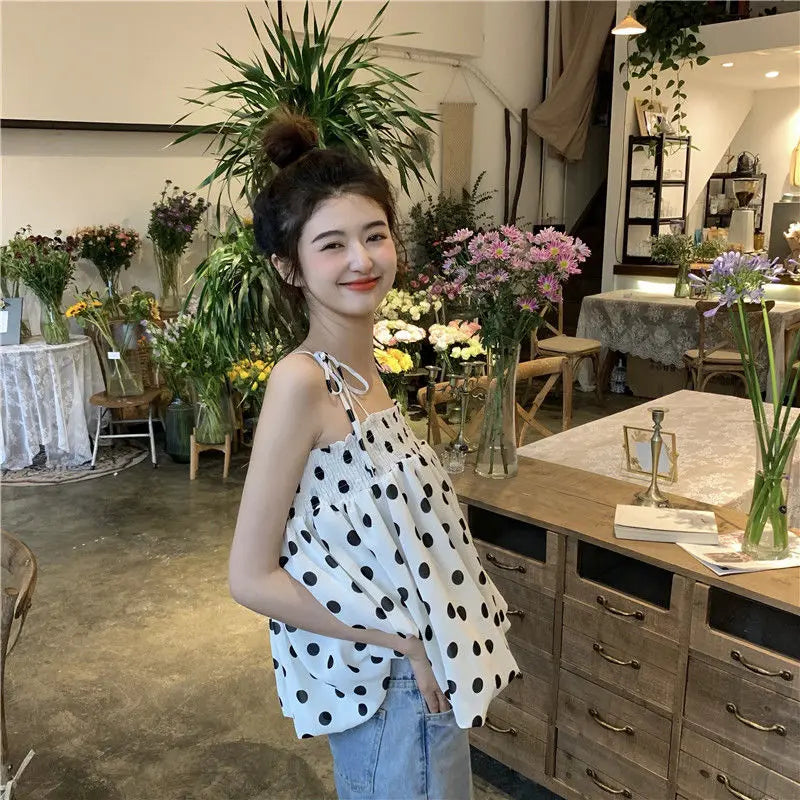 Koisoon Polka Dot Tanks Camis Women Summer Casual Folds Backless Design Korean Chic Tops Female French Chiffon Short Party Clothing