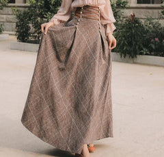 Koisoon autumn winter vintage plaid long woolen skirt women high waist lace up big swing skirt a-line