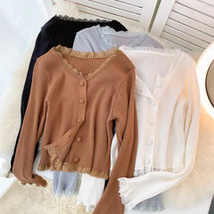 Koisoon Elegant Lace Women Cardigan Sweater Autumn Casual Long Sleeve Knit Crop Tops Elastic Slim Solid Color Short Jacket