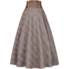 Koisoon autumn winter vintage plaid long woolen skirt women high waist lace up big swing skirt a-line