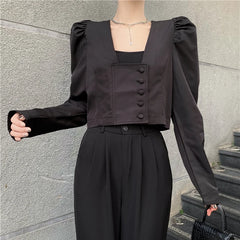 Koisoon Elegant Women Shirts Autumn Fashion Square Collar Korean Puff Sleeve High Waist Crop Tops Single Breasted Female Shirt