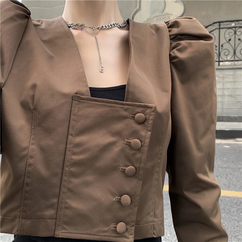 Koisoon Elegant Women Shirts Autumn Fashion Square Collar Korean Puff Sleeve High Waist Crop Tops Single Breasted Female Shirt