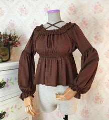 Koisoon Sex Women Lolita Blouse High Waist Long Sleeve Halter Neck Shoulder Off Flounce Chiffon Shirt