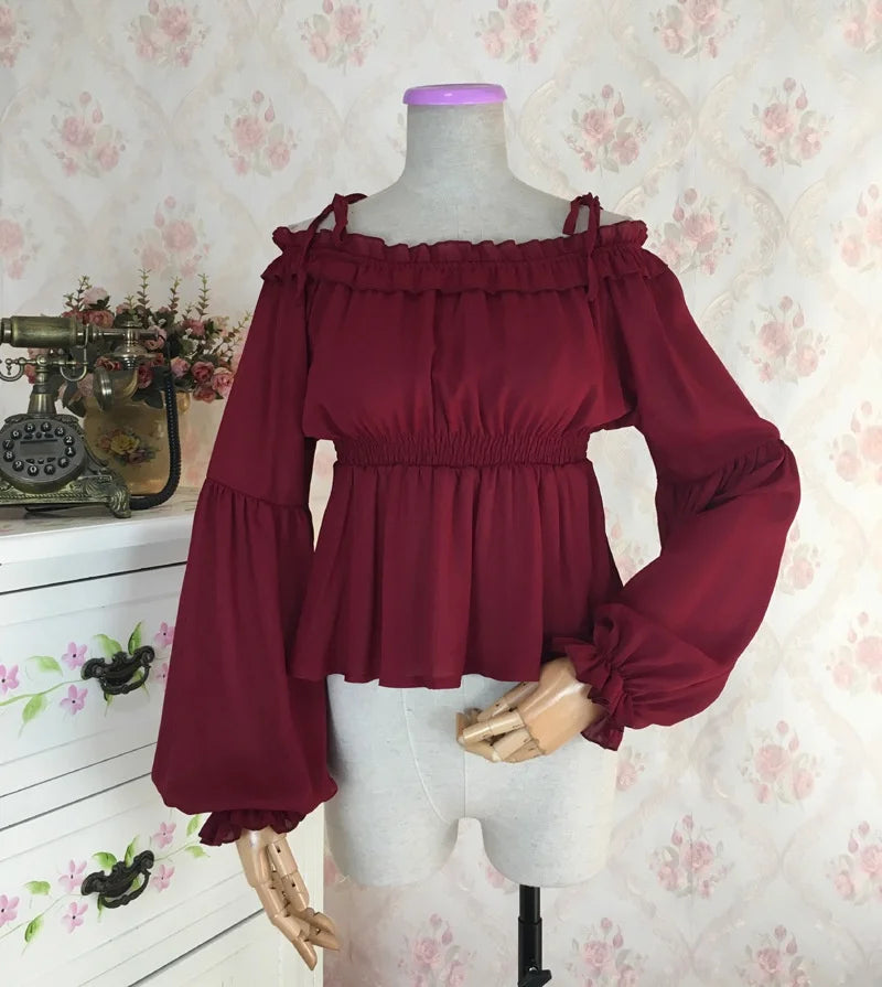 Koisoon Sex Women Lolita Blouse High Waist Long Sleeve Halter Neck Shoulder Off Flounce Chiffon Shirt