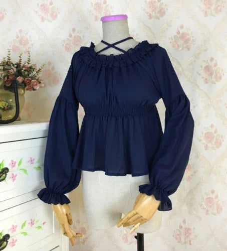 Koisoon Sex Women Lolita Blouse High Waist Long Sleeve Halter Neck Shoulder Off Flounce Chiffon Shirt