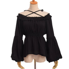 Koisoon Sex Women Lolita Blouse High Waist Long Sleeve Halter Neck Shoulder Off Flounce Chiffon Shirt