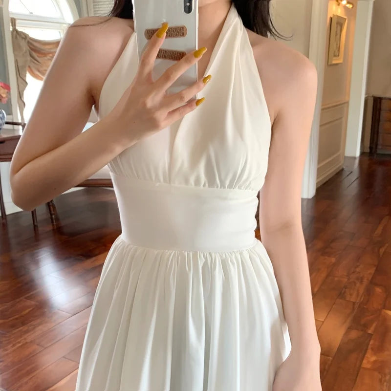 Koisoon White Elegant Halter Dress Women Sexy Backless Korean Party Midi Dress Female Sleeveless V-neck Vintage Dresses for Women